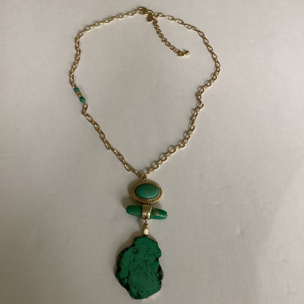 Chico’s Gold Tone Turquoise Pendant Necklace Long Link Chain